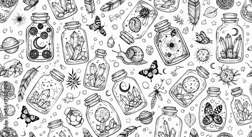 Whimsical illustration featuring jars filled with crystals, butterflies, and celestial elements, scattered on white.