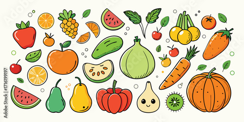 Vibrant assortment of fresh fruits and vegetables hand drawn style collection healthy eating