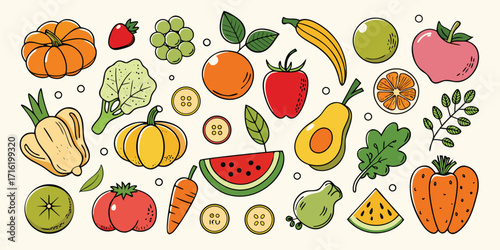 Vibrant assortment of fresh fruits and vegetables hand-drawn artistic style healthy food collection