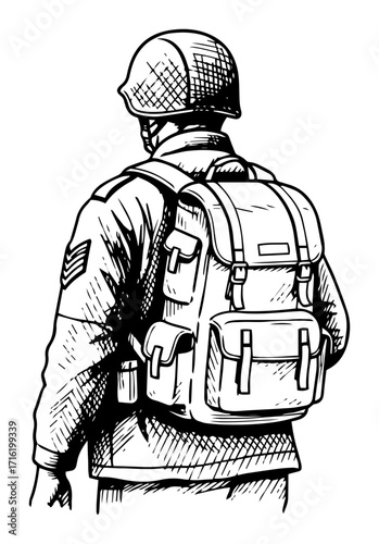 Hand Drawn Soldier with a Backpack in a Vintage Style