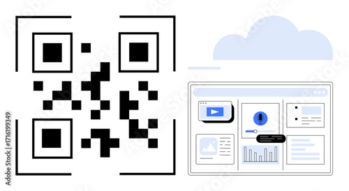 QR code linked to a digital dashboard with graphs, video, and content icons. Cloud element in the background. Ideal for digital connectivity, security, technology, analytics, web applications cloud