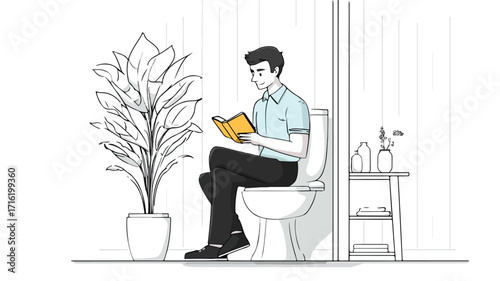 Man Sitting on Toilet Reading Book with Plan - Professional Image Usage