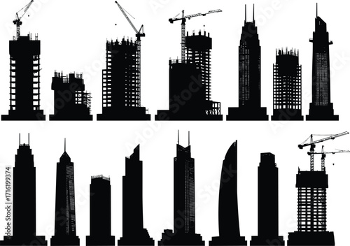 silhouette, building, skyscraper, tower, crane, scaffold, highrise, urban, skyline, construction, complete, site, vector, black, icon, design, architecture, project, industrial, development