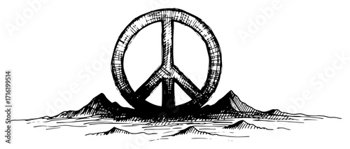 Peace Symbol Monument on Island Landscape black shape vector laser cutting engraving monochrome print