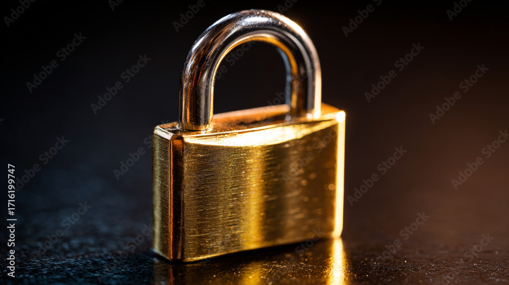 Fototapeta premium Close up shot of a shiny golden padlock with a silver shackle on dark surface