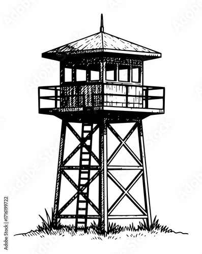 Wooden Guard Watchtower Observation Post Hand Drawn Vector