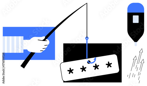 Hand holding fishing rod hooked to password against tech elements. Ideal for cybersecurity, phishing, online scams, network safety, digital privacy, hacking, and online fraud in simple flat metaphor