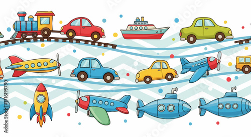 A colorful repeating pattern featuring various cartoon vehicles, including trains, cars, planes, and boats.