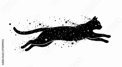 Silhouette of a black cat leaping forward, filled with stars and cosmic dust, against a white background.