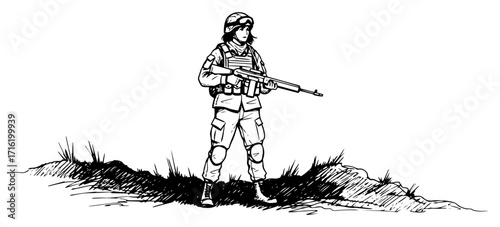 Female Soldier with Rifle Standing on Field black shape vector laser cutting engraving monochrome print