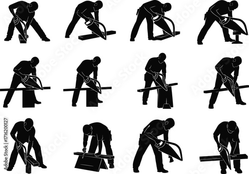 silhouette, carpenter, saw, wood, cut, manual, tool, worker, construction, site, vector, black, icon, design, craft, project, industrial, engineering, framework, woodworking
