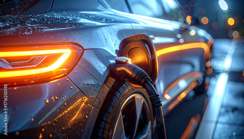 Electric Vehicle Charging Station: A modern electric vehicle is shown plugged into a charging station, showcasing sustainable technology and the future of transport.