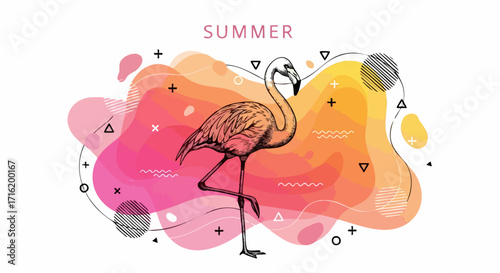 Illustration of a flamingo standing on one leg against a colorful abstract background with "SUMMER" text above.