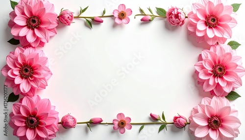 Floral Frame Made of Pink Dahlia Flowers with Greenery on White Background