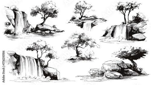 Diverse Collection of Waterfalls and Trees Vector Illustration
