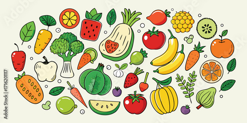 Vibrant assortment of fresh fruits and vegetables hand drawn style healthy eating