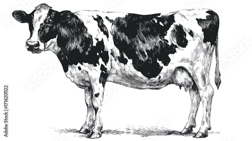 Beautiful Adult Female Cow with Black Spots on White Background Vector Illustration