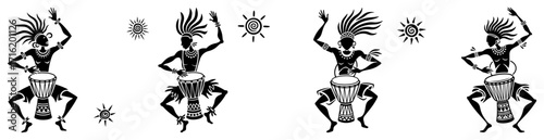 Set of African Tribal Dancers with Drums Silhouettes black shape vector laser cutting engraving monochrome print