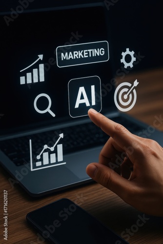 Digital Marketing Strategy with Artificial Intelligence and Data Analysis on Laptop Screen