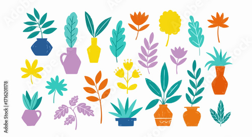 Colorful vector illustration of various plants and flowers in vases and pots, isolated on a white background.
