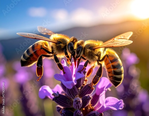 Two bees on lavender flower, golden light