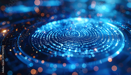 Digital Fingerprint Scan: An abstract, high-tech rendering of a digital fingerprint scan, highlighting the convergence of technology and personal identity with glowing blue and orange light.