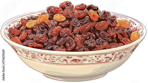 Assorted Raisins in Bowl on White Background - Nutritious Dried Fruits Vector Illustration