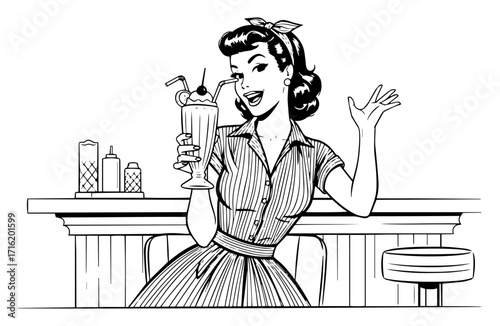 Retro Pin Up Waitress with Milkshake at Diner
