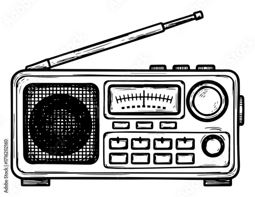 Vintage Portable Radio in a Hand Drawn Sketch Style
