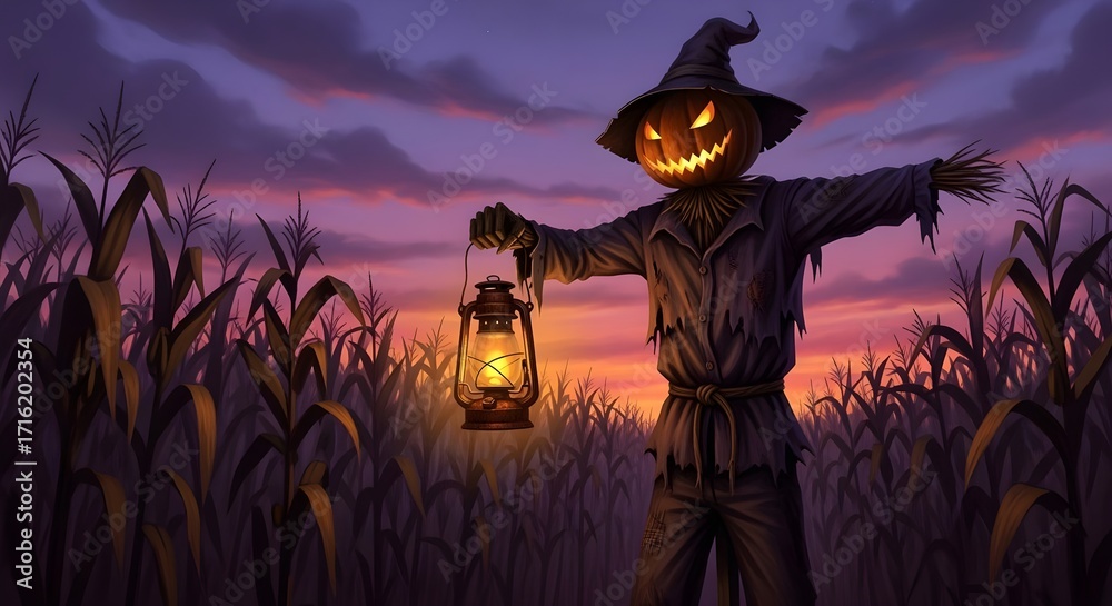 Fototapeta premium Evil scarecrow with Jack O'Lantern head in a cornfield on Halloween night 