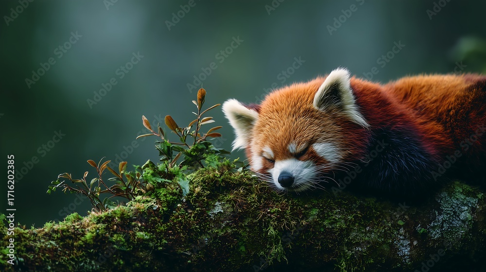 Obraz premium Red panda sleeping on mossy log
