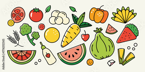 Vibrant hand-drawn assortment of fresh fruits and vegetables in colorful sketch style