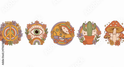 Five retro-style circular illustrations featuring a peace sign, eye, roller skate, cactus, and mushroom, all adorned with flowers and rainbows.
