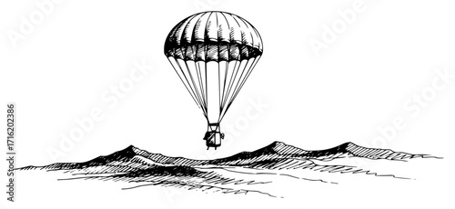 Hand Drawn Illustration of a Parachute Supply Drop Over a Landscape