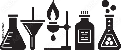 Science lab equipment icons for research and discovery