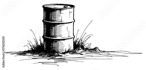 Hand Drawn Rusty Barrel in Overgrown Grass black shape vector laser cutting engraving monochrome print