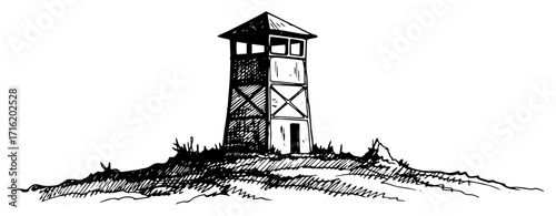 Vintage Watchtower Sketch on a Hill