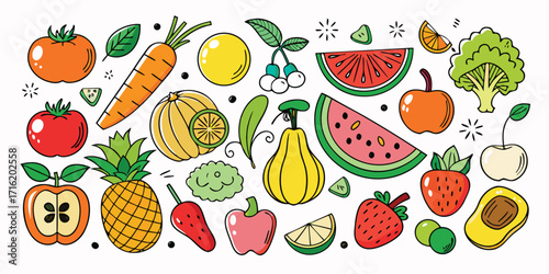 Vibrant assortment of fresh fruits and vegetables in a lively hand-drawn style