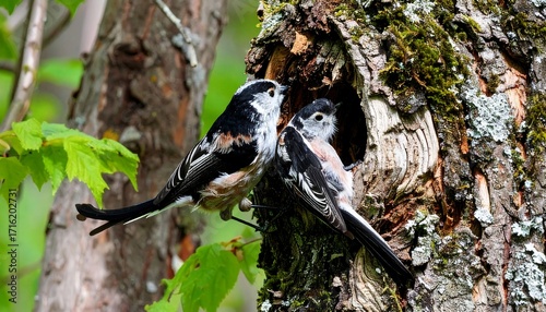 Two birds at a tree hollow nest