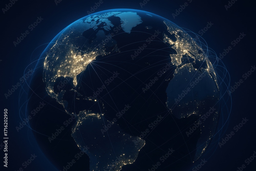 Naklejka premium Global Connectivity and Technology Network with Illuminated Cities and Dark Background