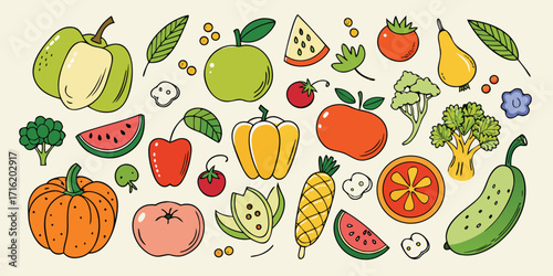 Vibrant hand-drawn assortment of fresh fruits and vegetables for healthy eating