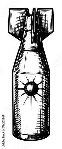 Aerial Bomb with Tail Fins Warhead Sketch Illustration black shape vector laser cutting engraving monochrome print