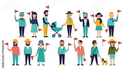 Diverse Group of People Waving Flags Celebrating Cheering and Enjoying a Festive Event Illustration