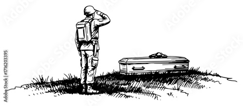 Soldier Saluting at Military Coffin Sketch
