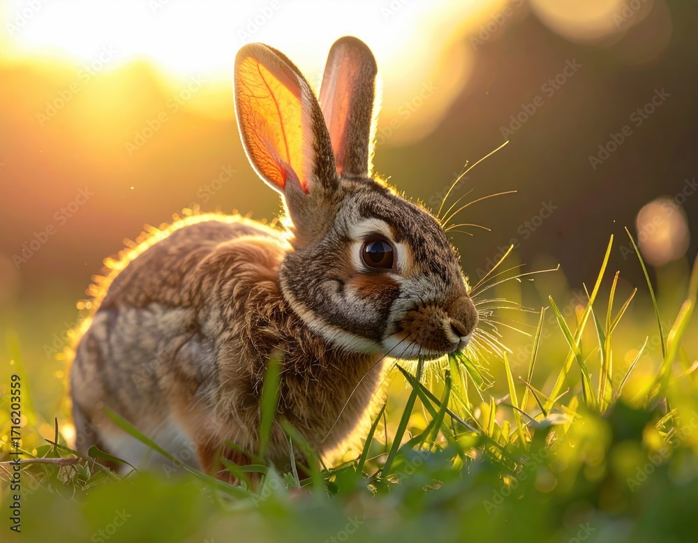 Fototapeta premium Brown Hare Eating Grass in Golden Hour Light at Sunrise Detail and Sharp Focus