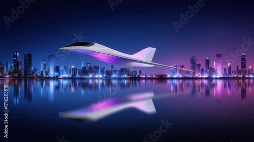 Airplane Over Water with City Skyline at Night