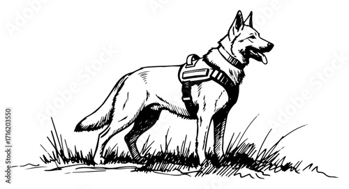 Military K9 German Shepherd in a Hand Drawn Sketch Style Black Shape Vector Laser Cutting Engraving Monochrome Print