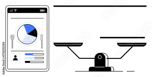 Smartphone app analyzing food intake with pie chart next to balanced scale. Ideal for health, diet, wellness, lifestyle, decision-making, self-improvement, fitness themes. Simple flat metaphor