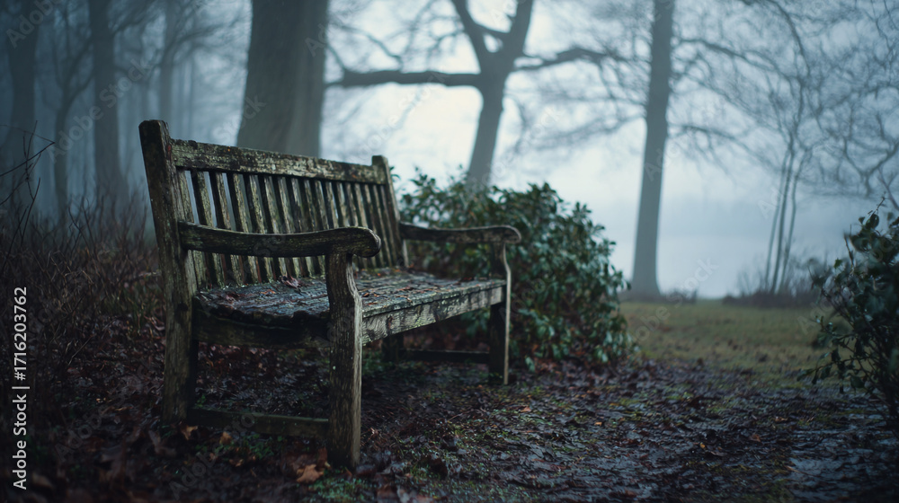 Fototapeta premium A weathered wooden bench sits alone in a misty forest on a damp autumn day