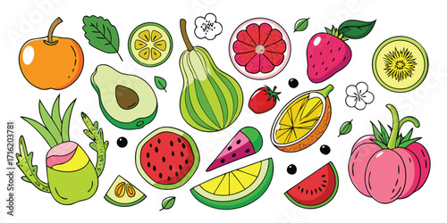 Vibrant collection of fresh fruits and vegetables artfully arranged for healthy eating